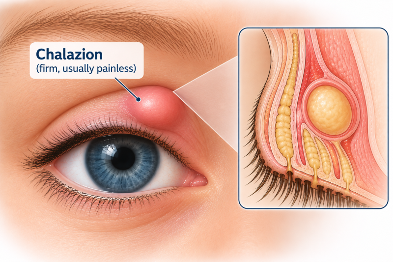 Illustration of a chalazion showing a firm, usually painless bump on the upper eyelid