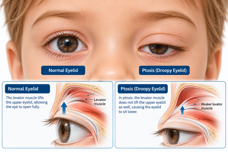 Illustration of pediatric ptosis showing a droopy upper eyelid and reduced eyelid lifting